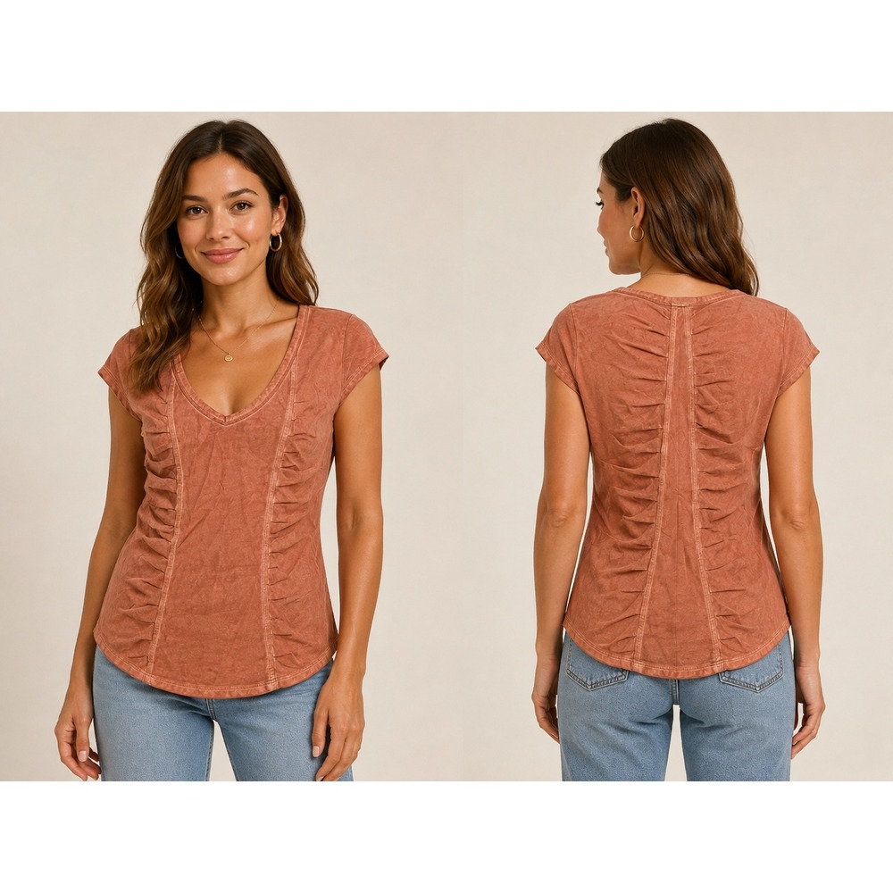 Free People We The Free Terracotta Ruched V-Neck Top Mineral Wash Small